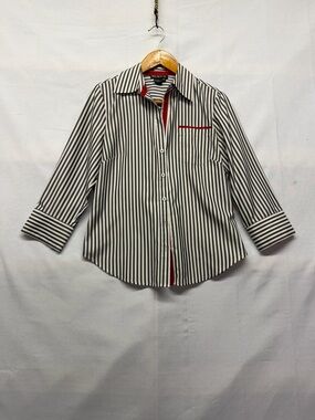 Tracy M. Black and White Striped Silk Top with Red Trim 3/4 sleeves medium
